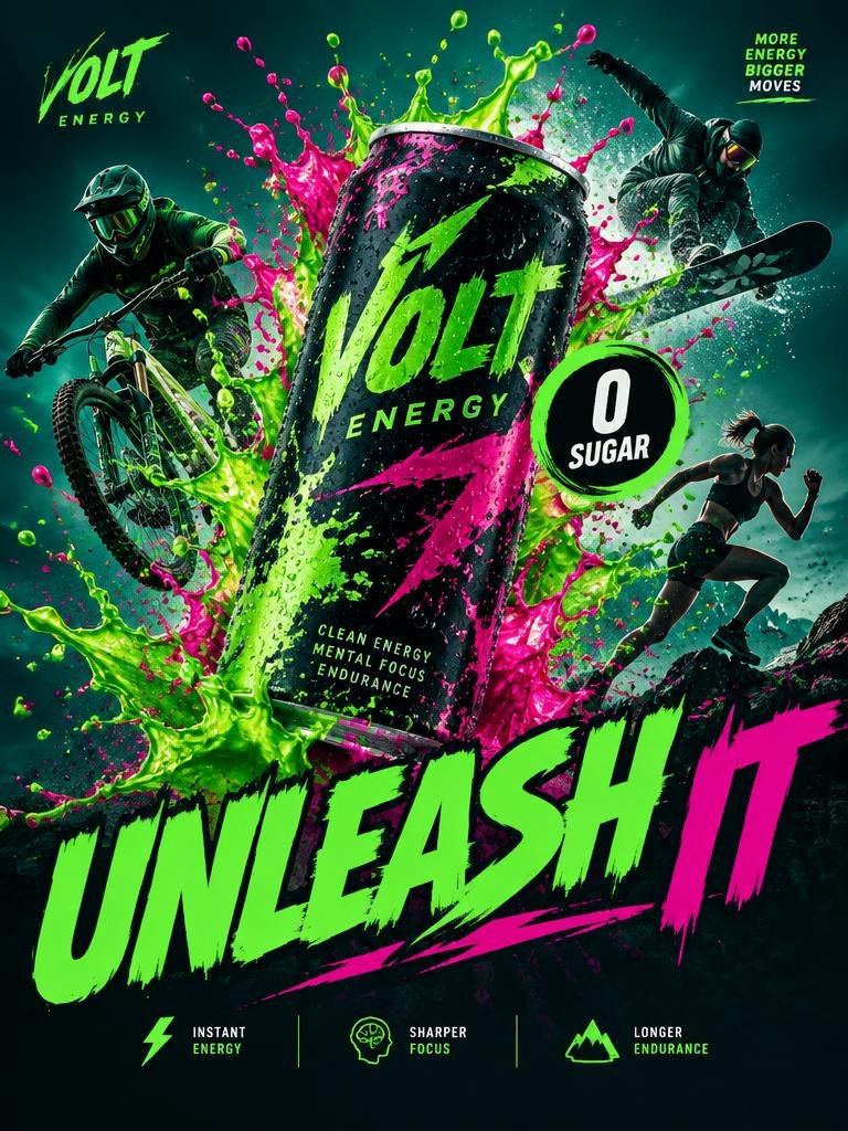 Energy drink splash AI poster example
